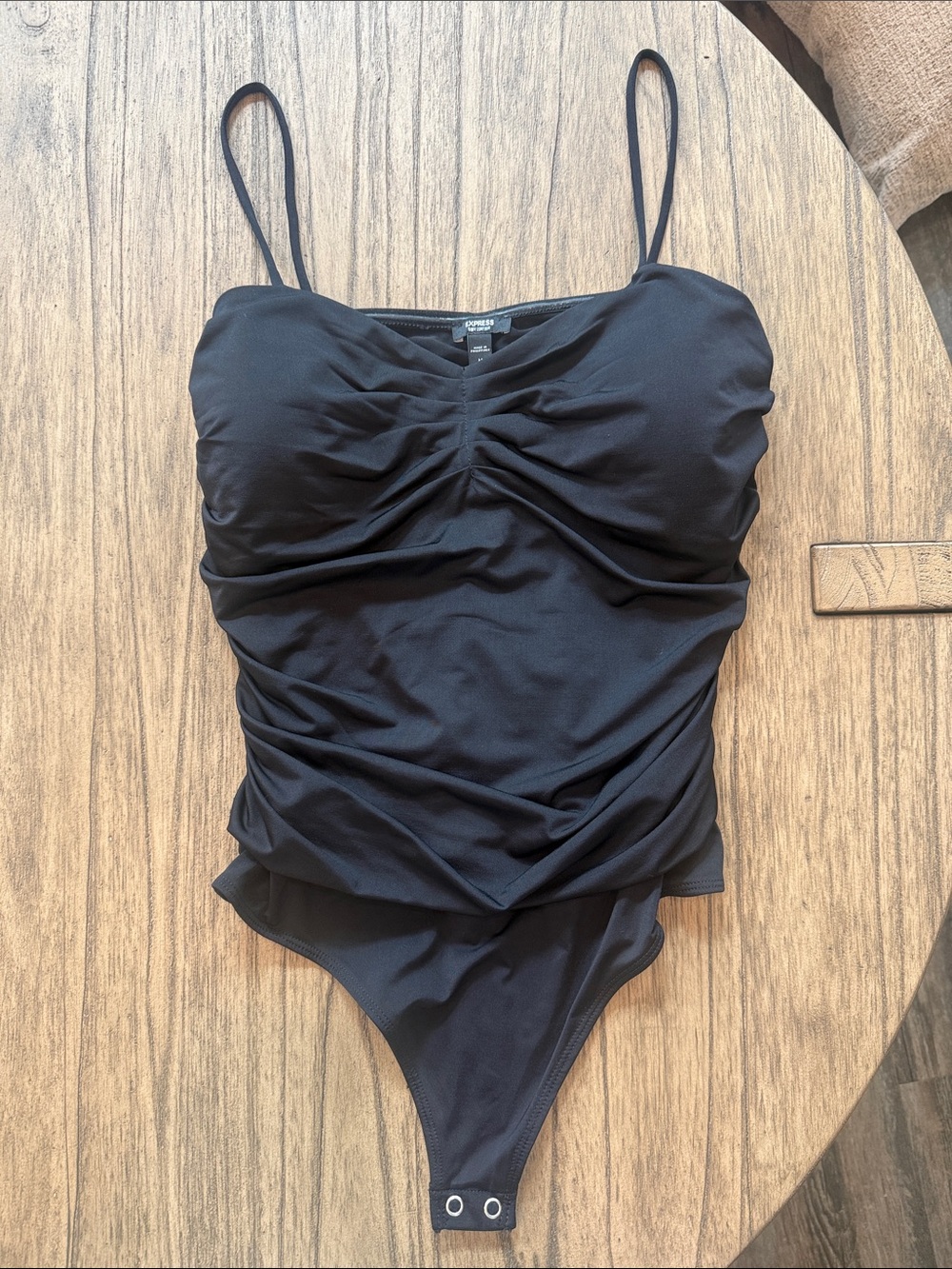 Express Black Ruched Spaghetti-Strap Bodysuit